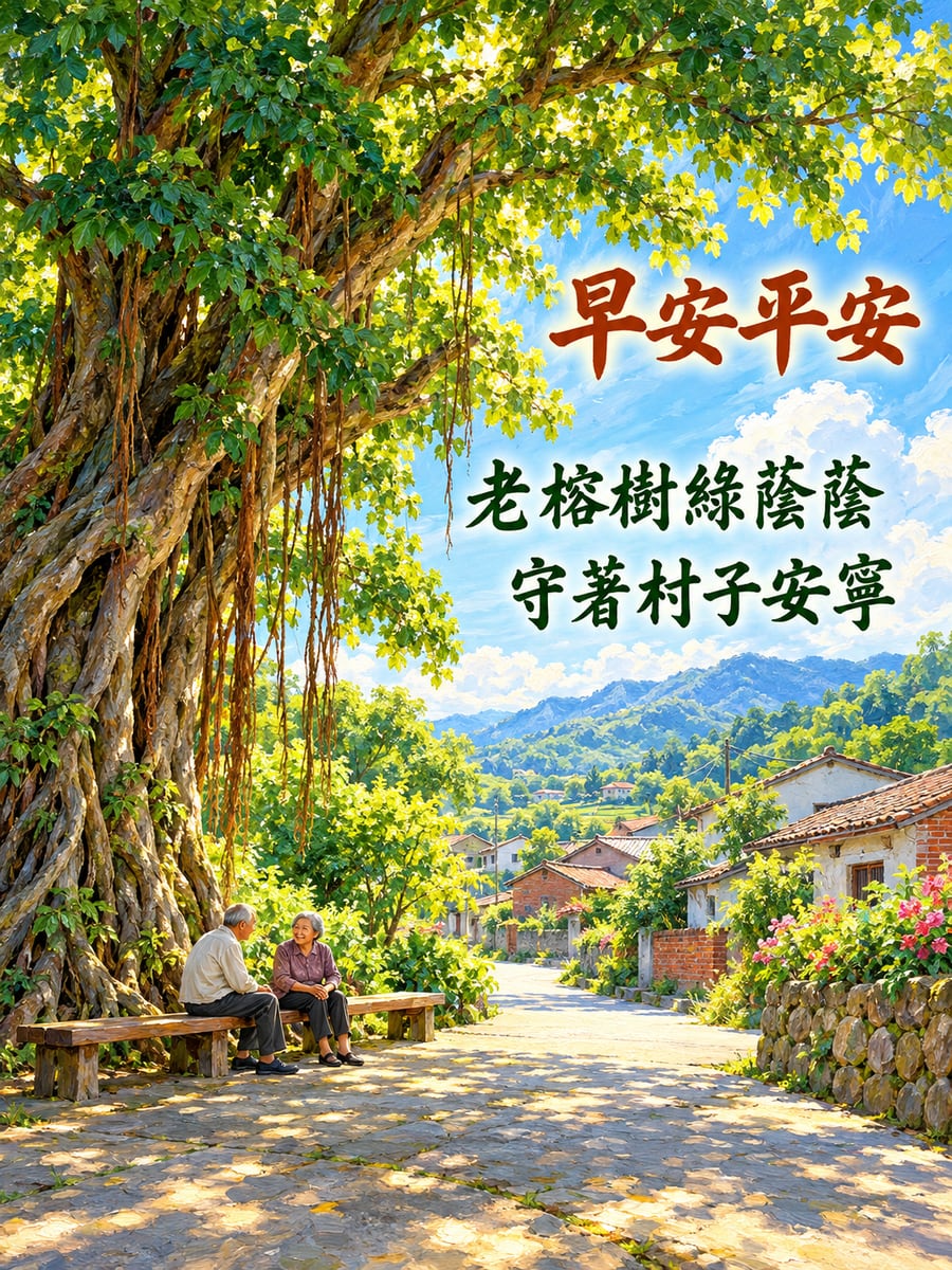 村口的老榕樹。圖中文字：早安平安，老榕樹綠蔭蔭，守著村子安寧