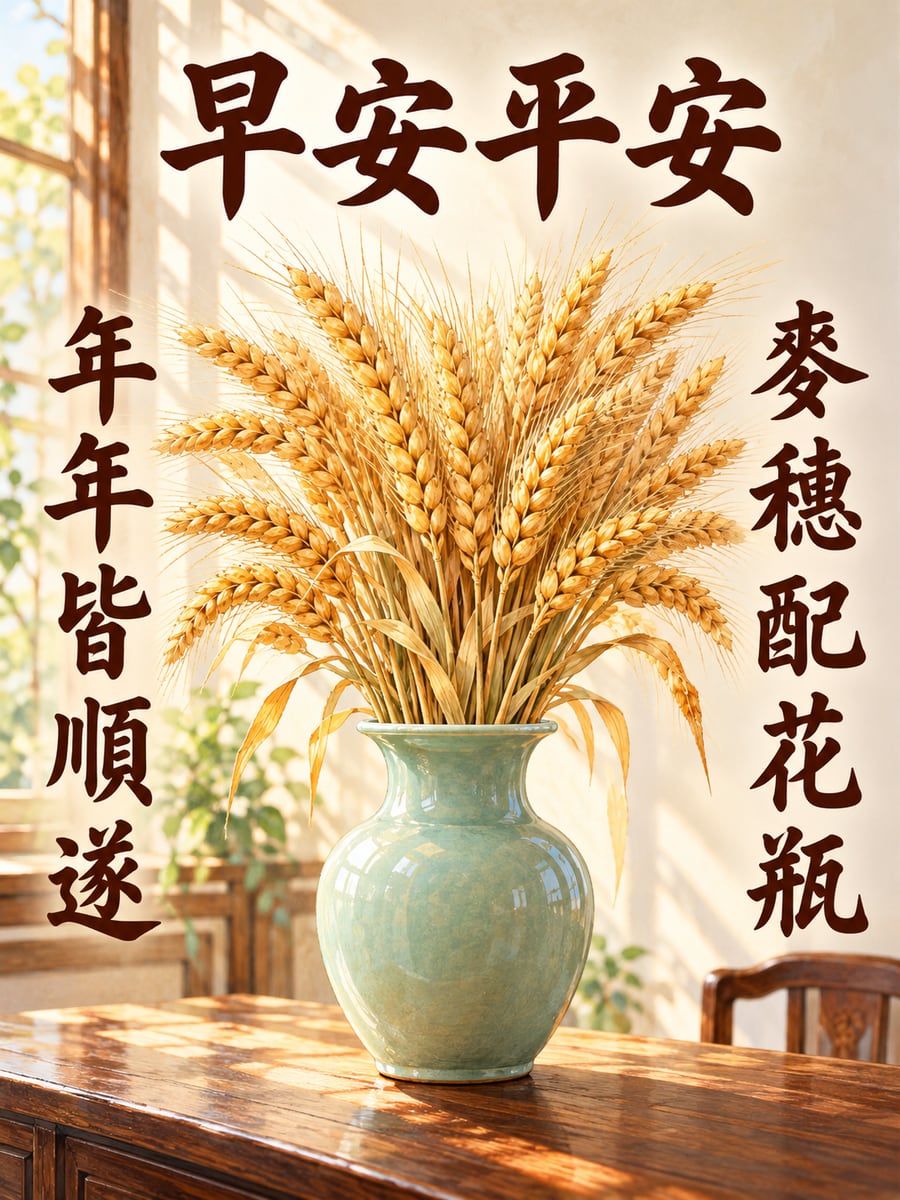 花瓶與麥穗。圖中文字：早安平安，麥穗配花瓶，年年皆順遂