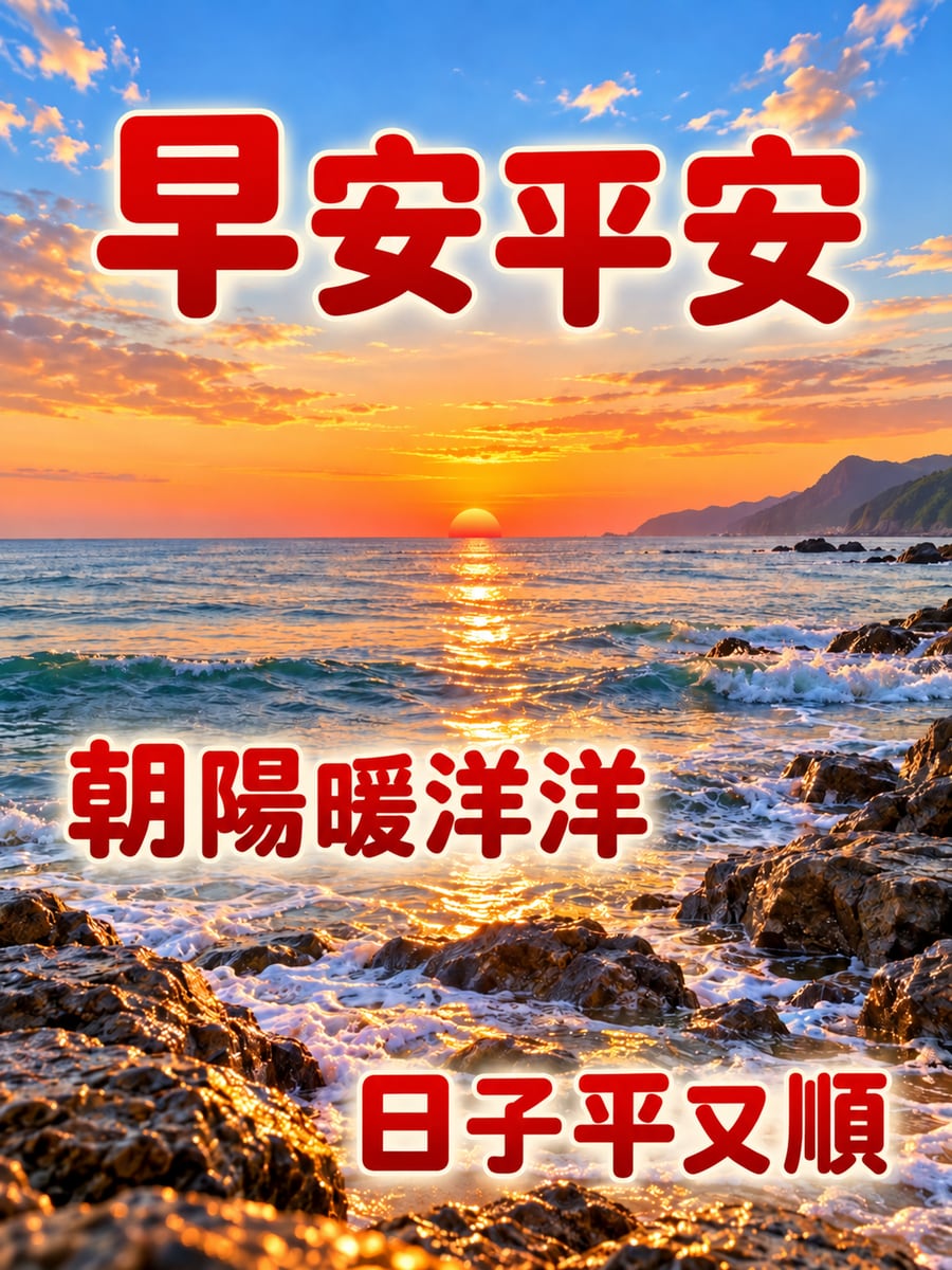 海岸朝陽。圖中文字：早安平安，朝陽暖洋洋，日子平又順