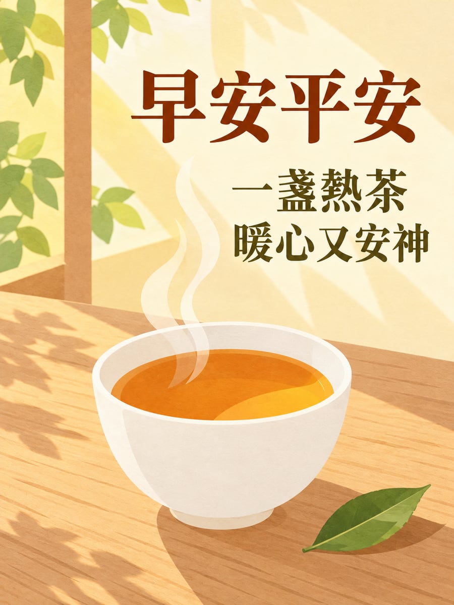 一盞熱茶。圖中文字：早安平安，一盞熱茶，暖心又安神