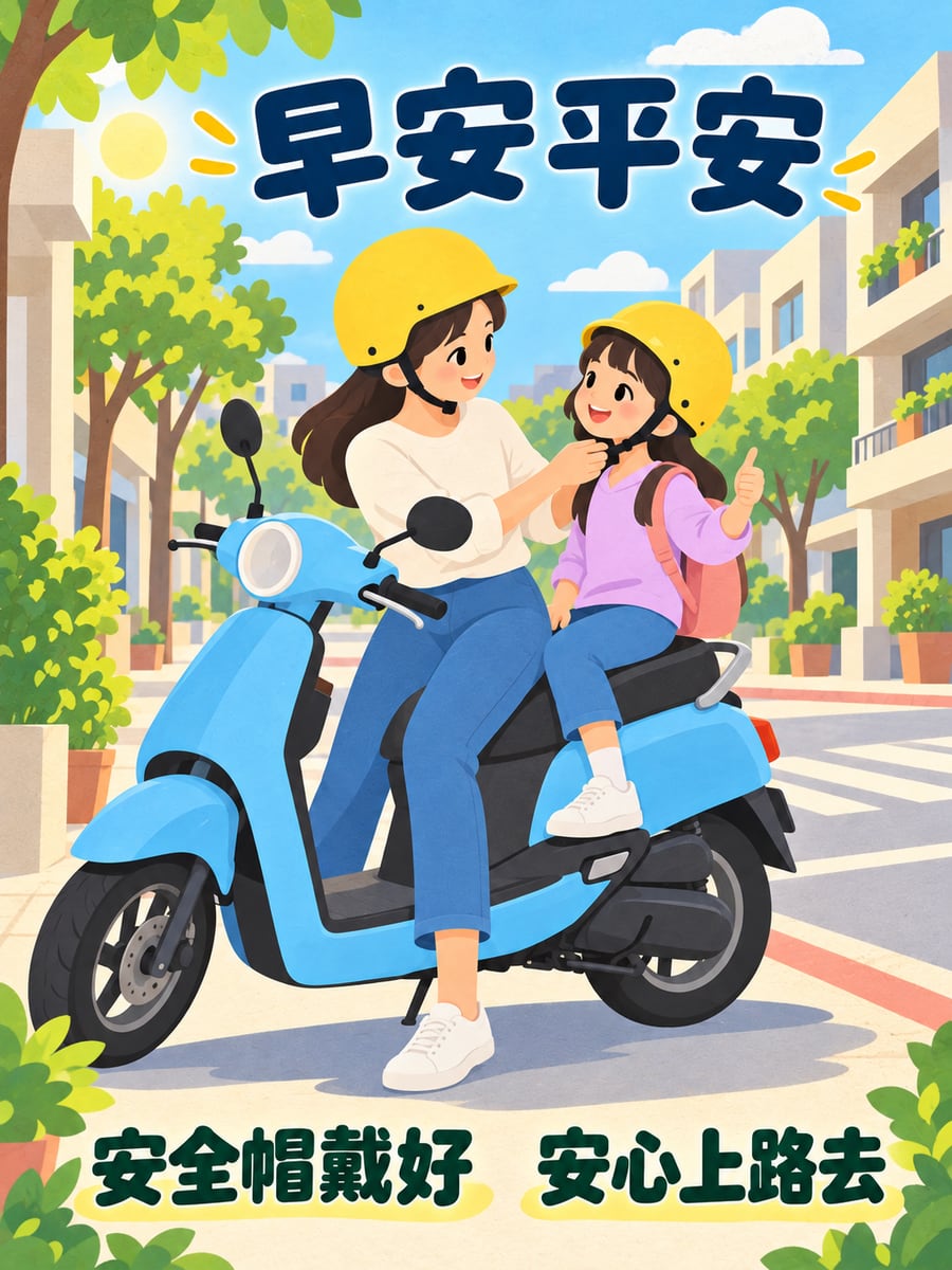 戴好安全帽出門。圖中文字：早安平安，安全帽戴好，安心上路去