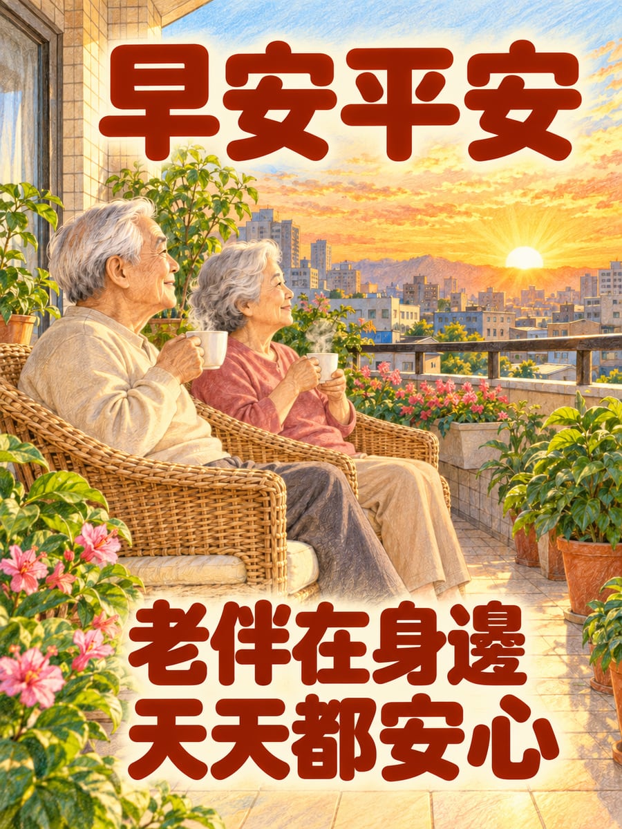 老伴陪看日出。圖中文字：早安平安，老伴在身邊，天天都安心