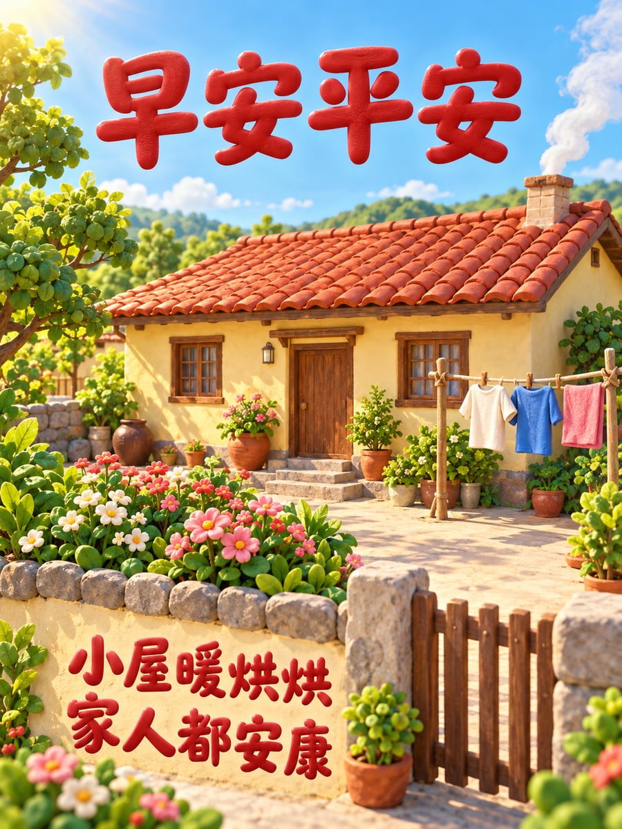 暖烘烘的小屋。圖中文字：早安平安，小屋暖烘烘，家人都安康