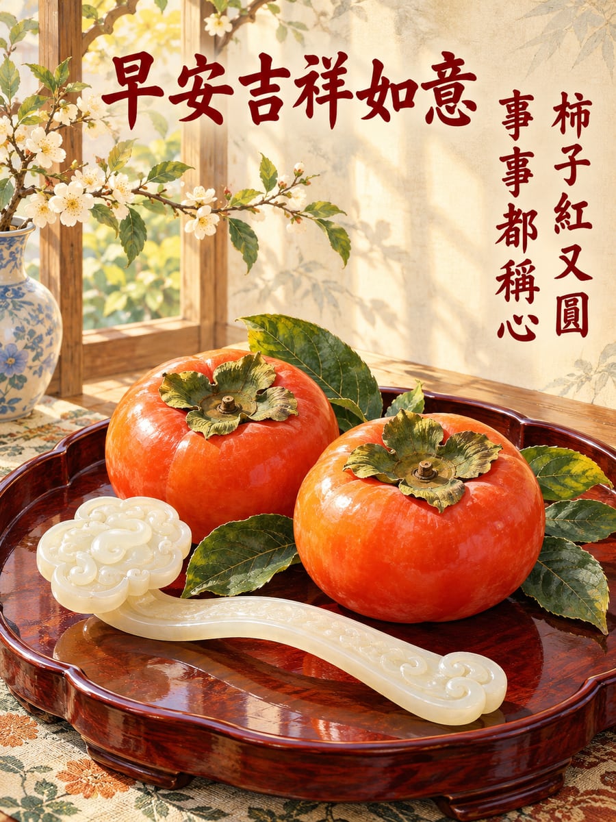 柿子與如意。圖中文字：早安吉祥如意，柿子紅又圓，事事都稱心