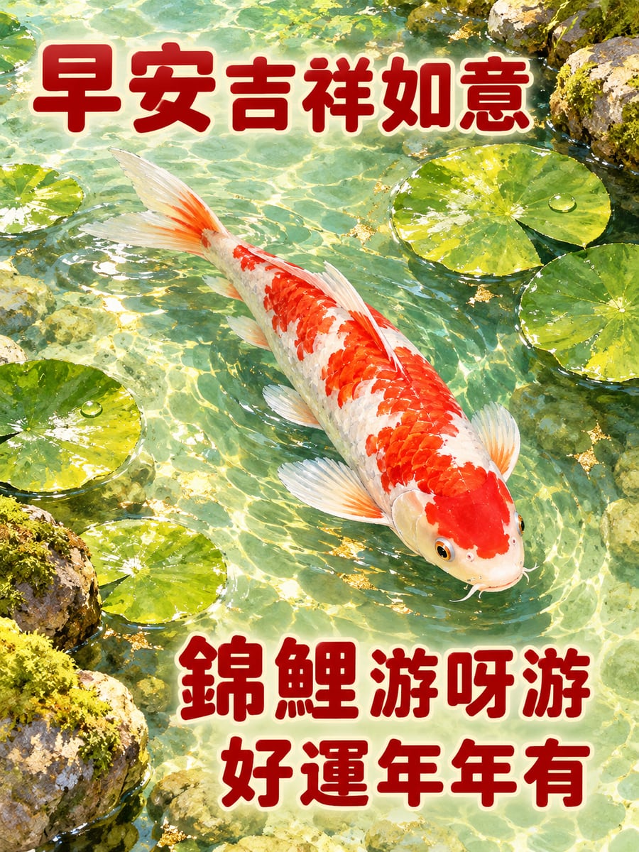 庭園錦鯉。圖中文字：早安吉祥如意，錦鯉游呀游，好運年年有