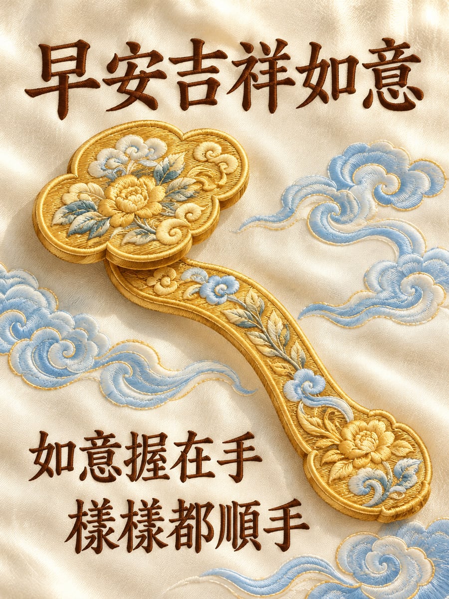 刺繡如意。圖中文字：早安吉祥如意，如意握在手，樣樣都順手