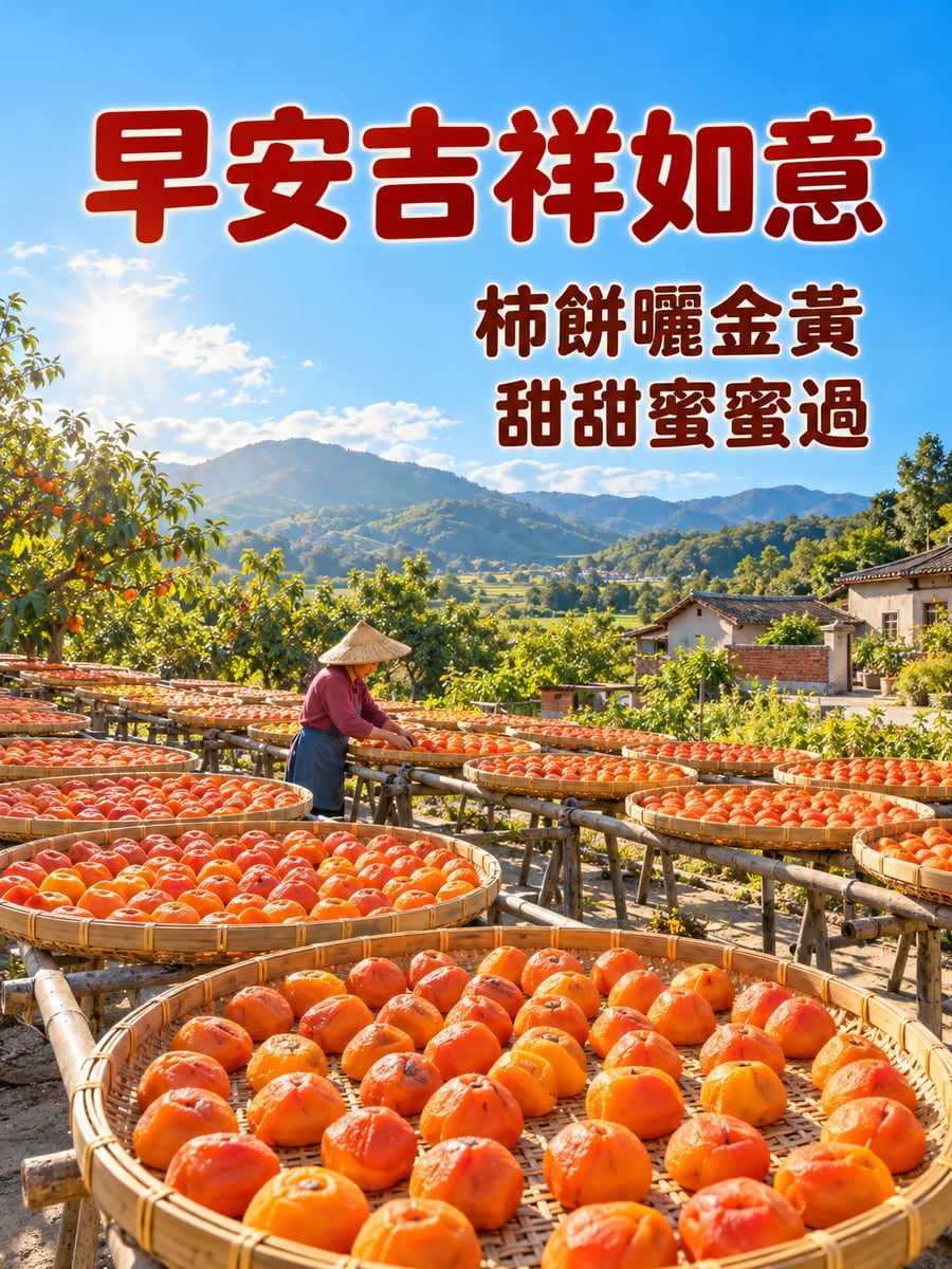 曬柿餅。圖中文字：早安吉祥如意，柿餅曬金黃，甜甜蜜蜜過