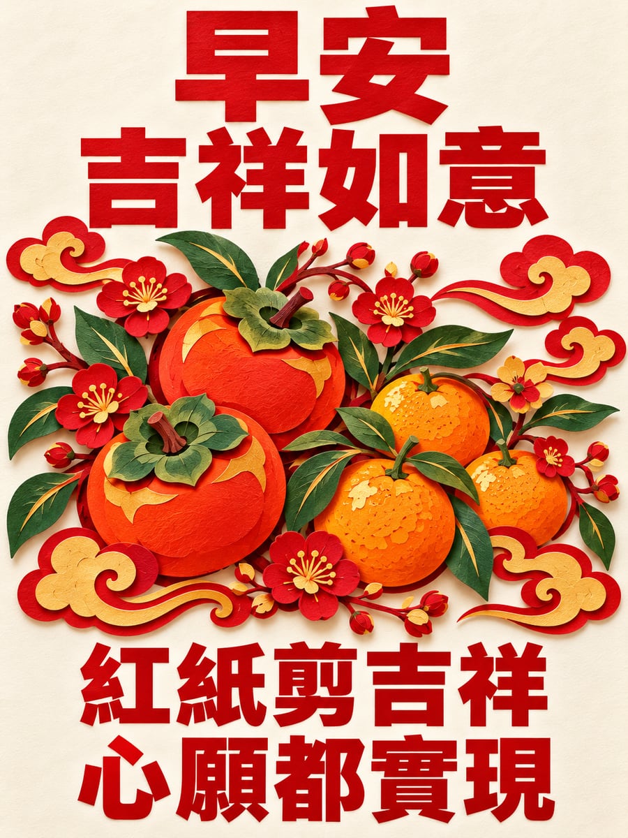 剪紙吉祥紋。圖中文字：早安吉祥如意，紅紙剪吉祥，心願都實現