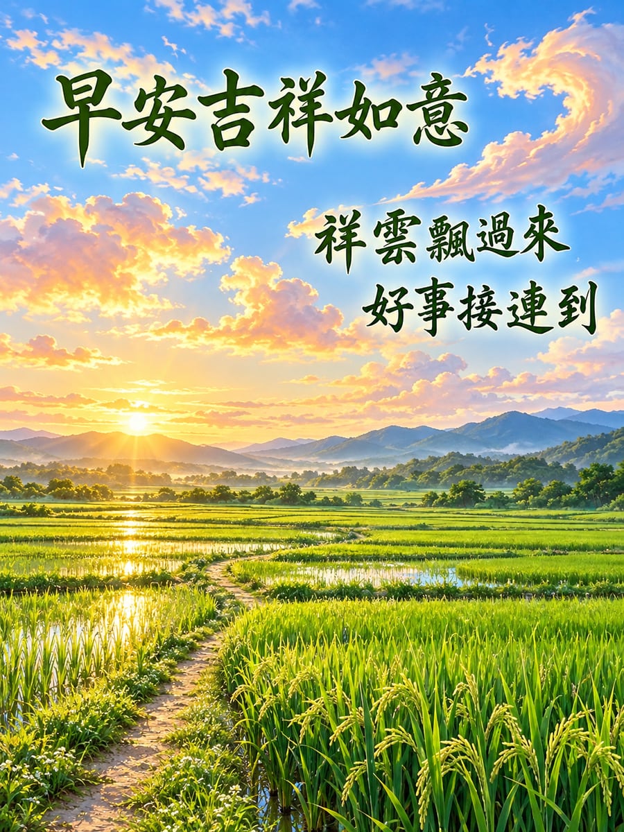 祥雲飄過稻田。圖中文字：早安吉祥如意，祥雲飄過來，好事接連到