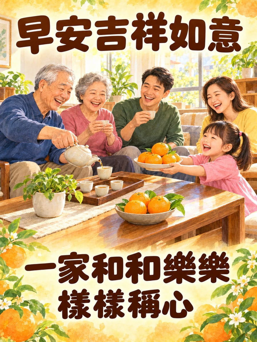 三代同堂喝茶。圖中文字：早安吉祥如意，一家和和樂樂，樣樣稱心