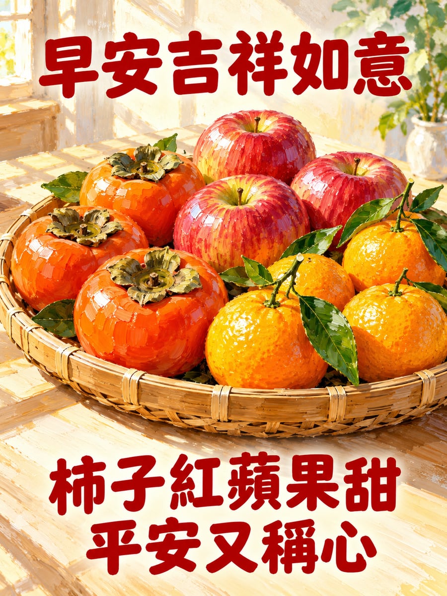 柿子蘋果與橘子。圖中文字：早安吉祥如意，柿子紅蘋果甜，平安又稱心