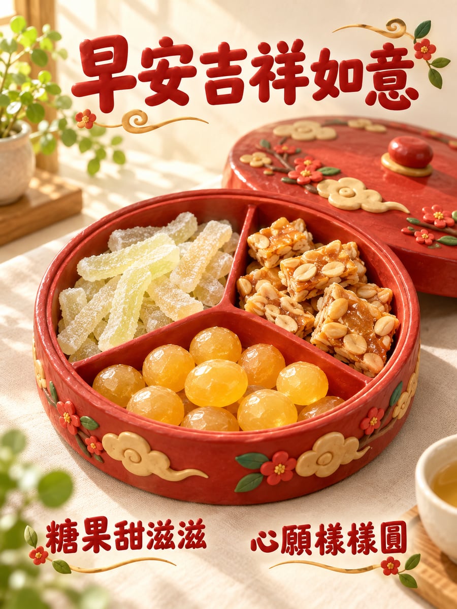 紅漆糖果盒。圖中文字：早安吉祥如意，糖果甜滋滋，心願樣樣圓