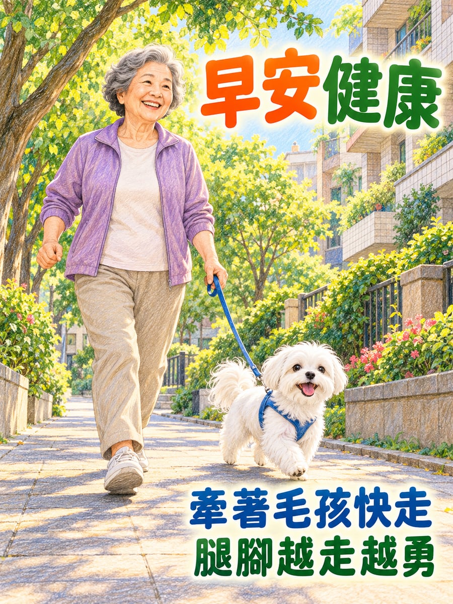 阿嬤陪馬爾濟斯散步。圖中文字：早安健康，牽著毛孩快走，腿腳越走越勇