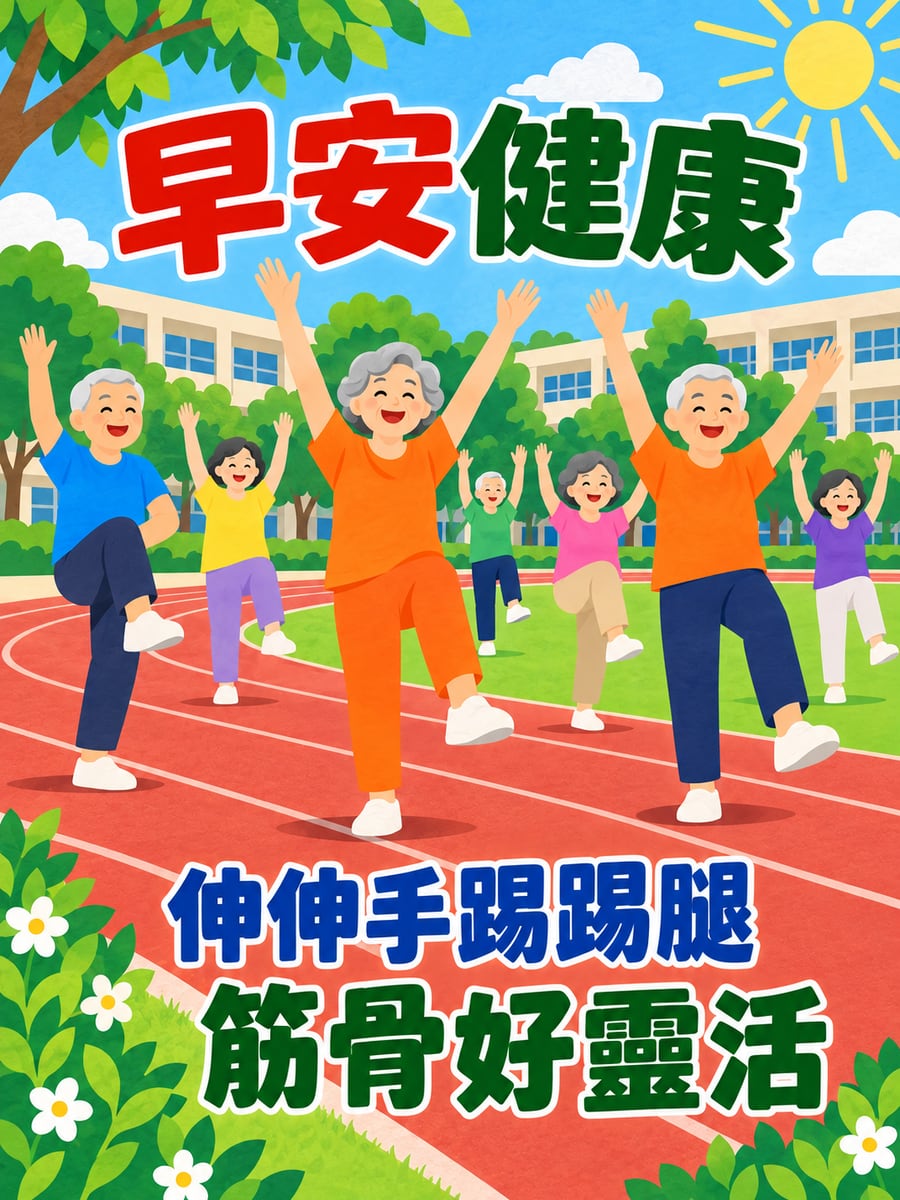 操場做早操。圖中文字：早安健康，伸伸手踢踢腿，筋骨好靈活