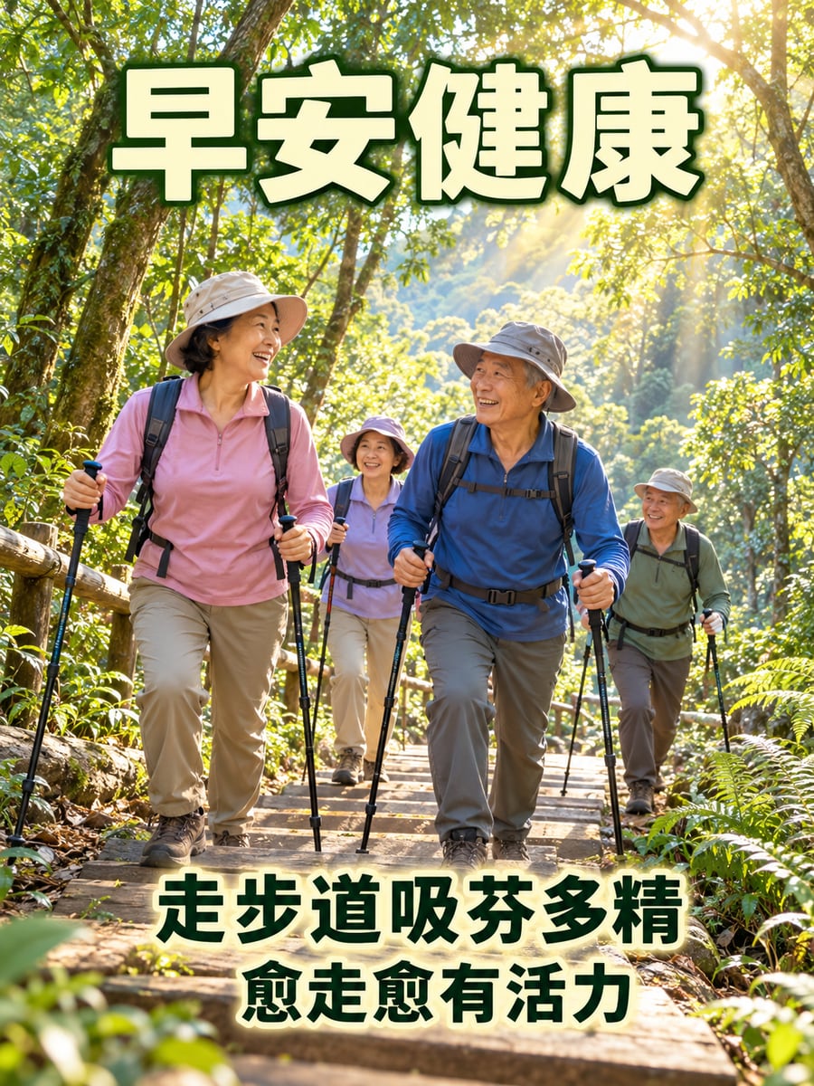步道吸芬多精。圖中文字：早安健康，走步道吸芬多精，愈走愈有活力