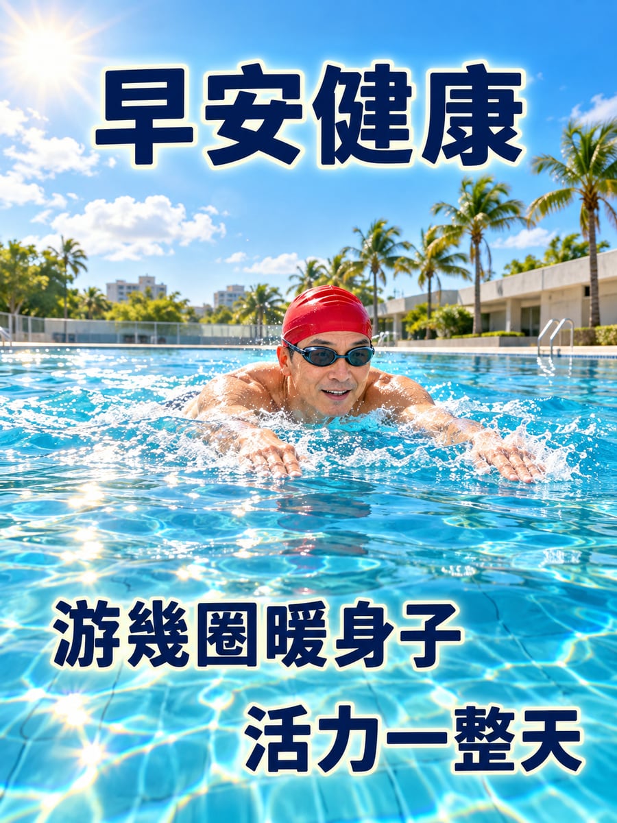晨泳。圖中文字：早安健康，游幾圈暖身子，活力一整天