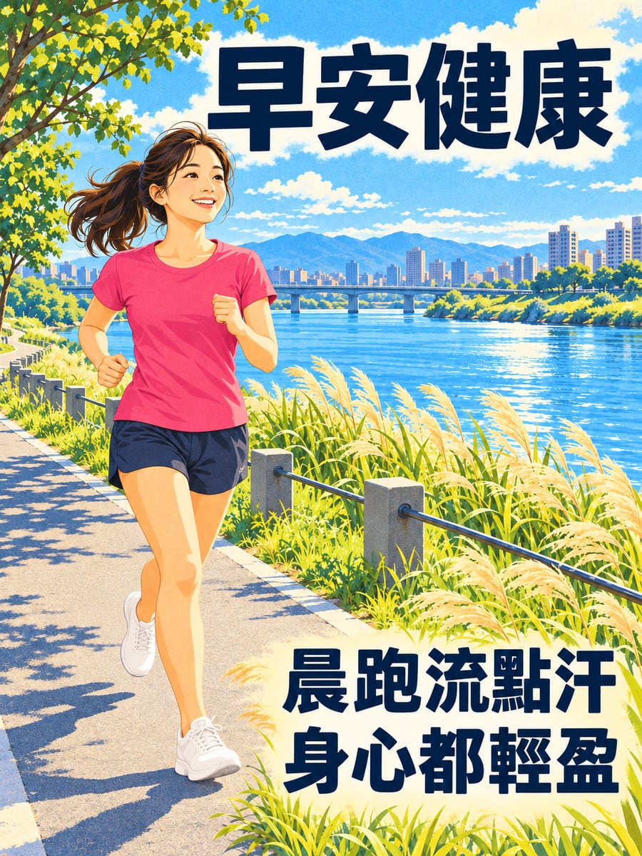 河濱晨跑。圖中文字：早安健康，晨跑流點汗，身心都輕盈