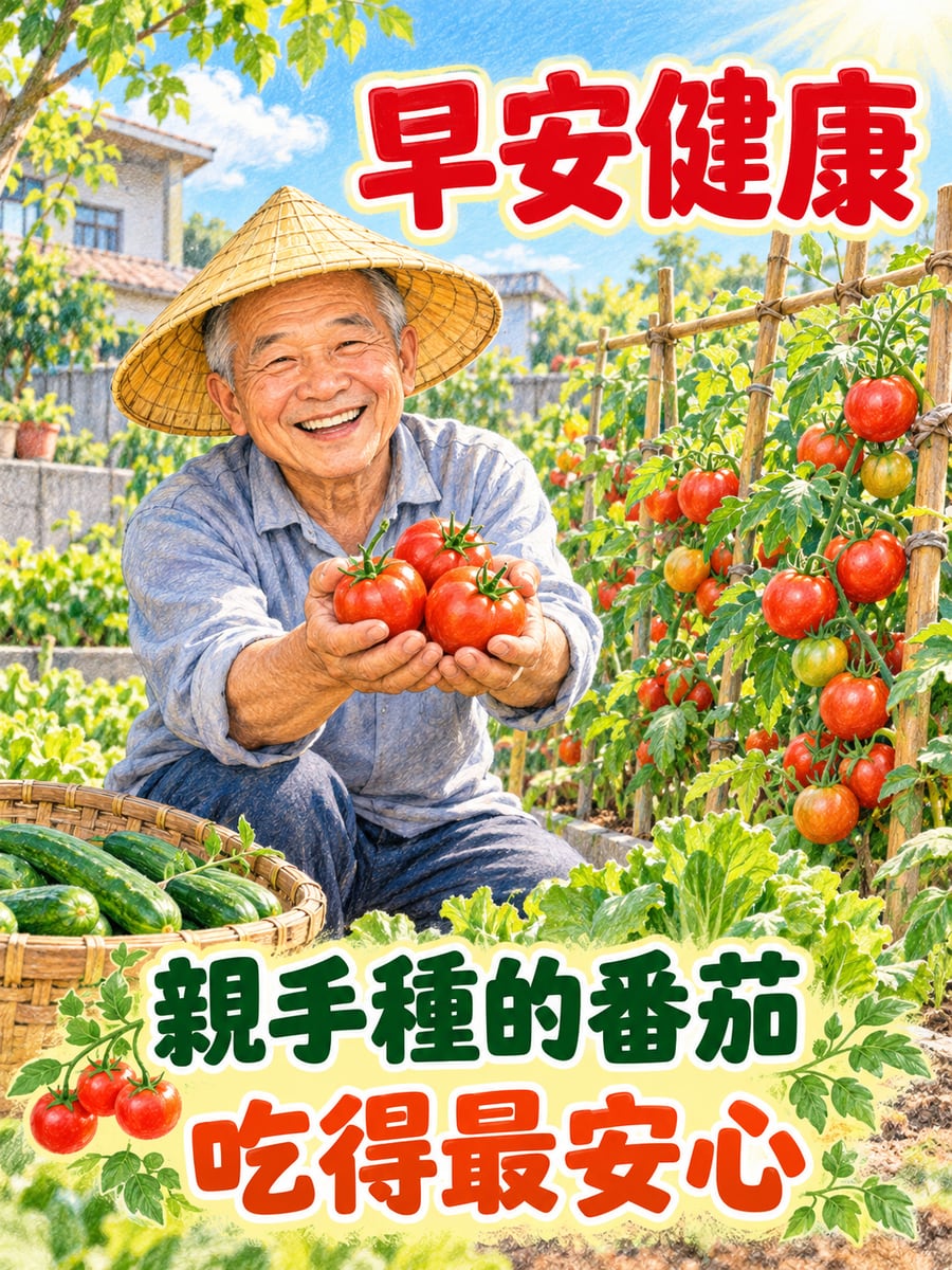 阿公的番茄園。圖中文字：早安健康，親手種的番茄，吃得最安心