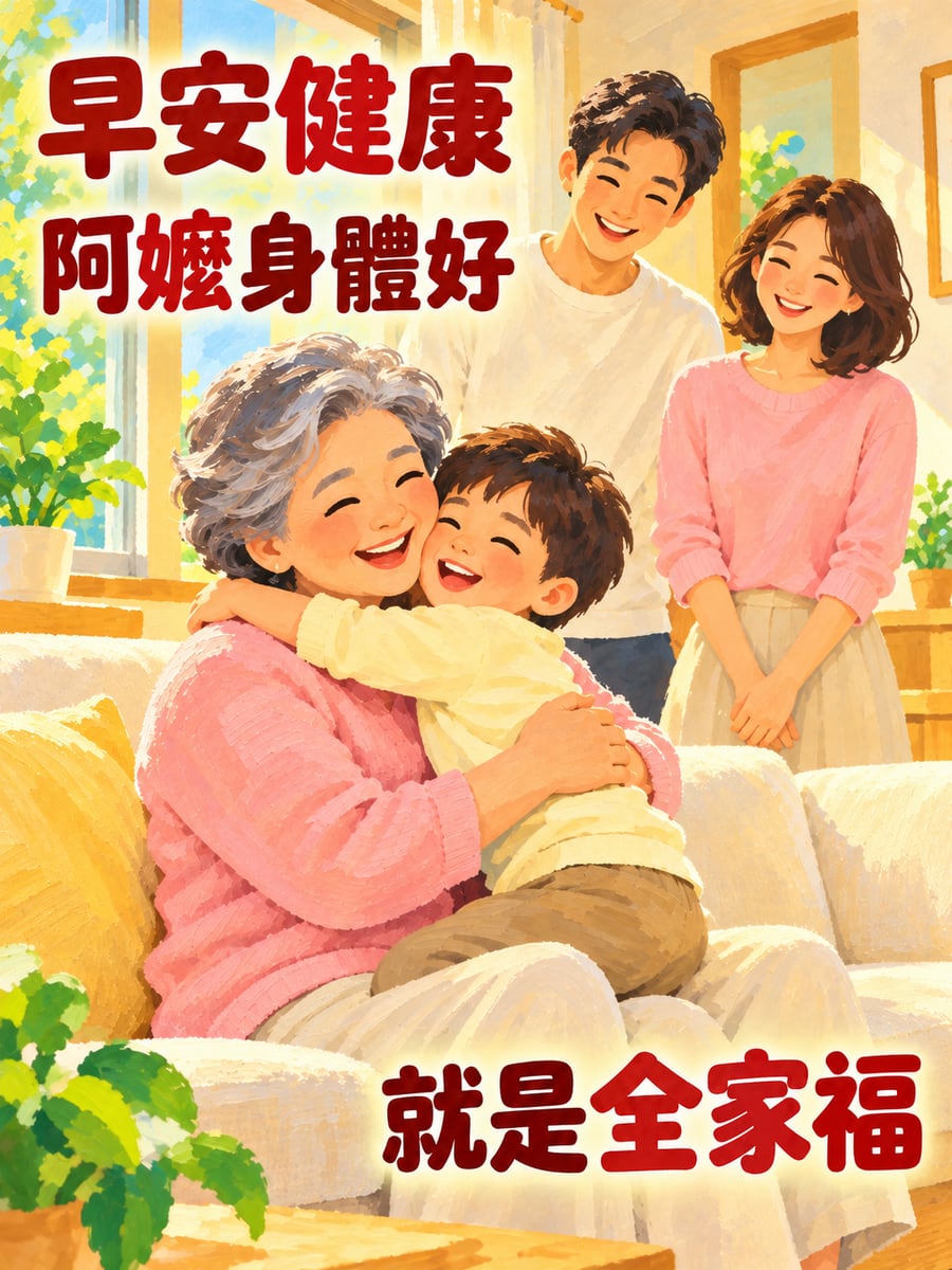 孫子抱阿嬤。圖中文字：早安健康，阿嬤身體好，就是全家福