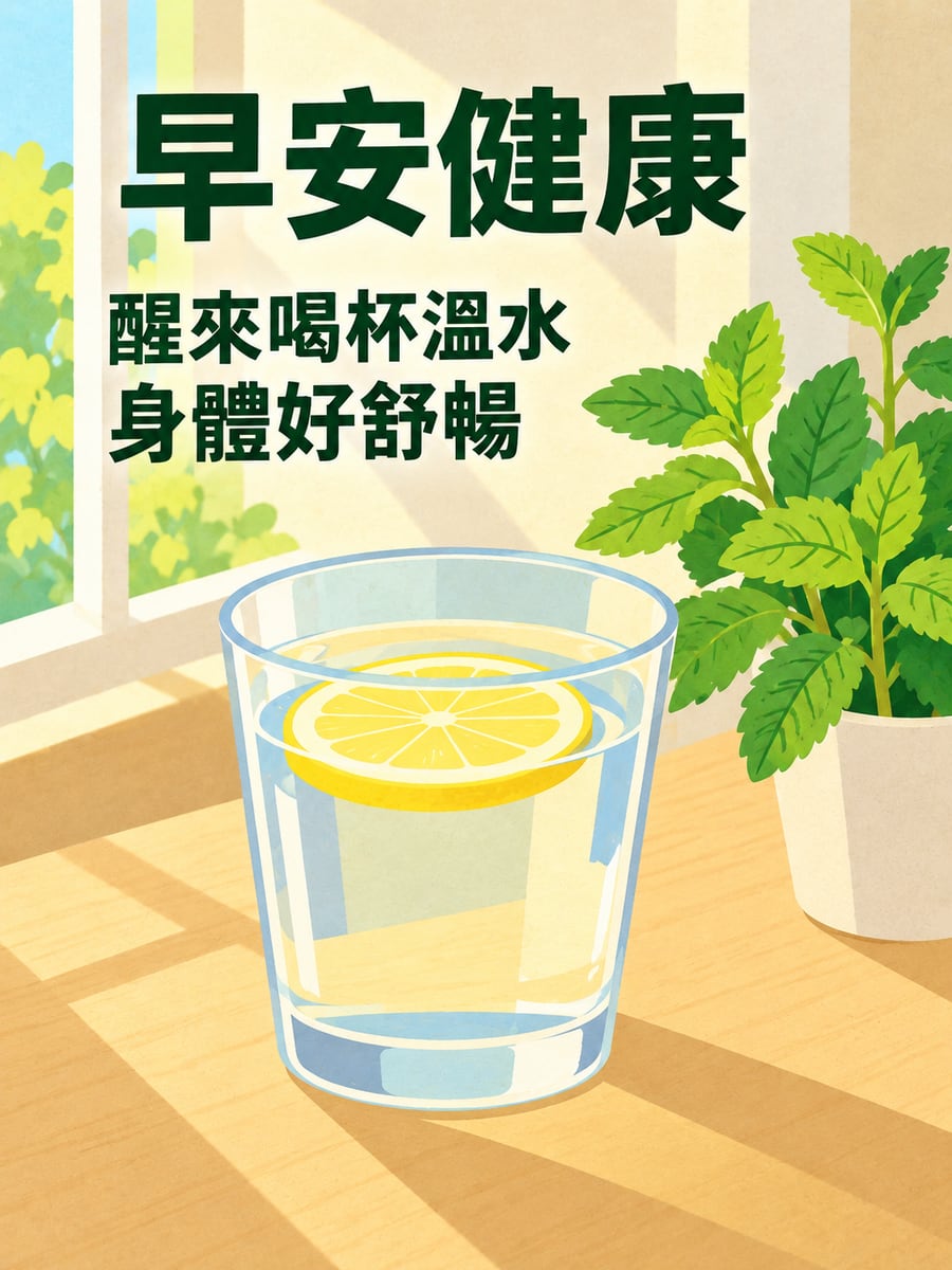 醒來一杯溫水。圖中文字：早安健康，醒來喝杯溫水，身體好舒暢