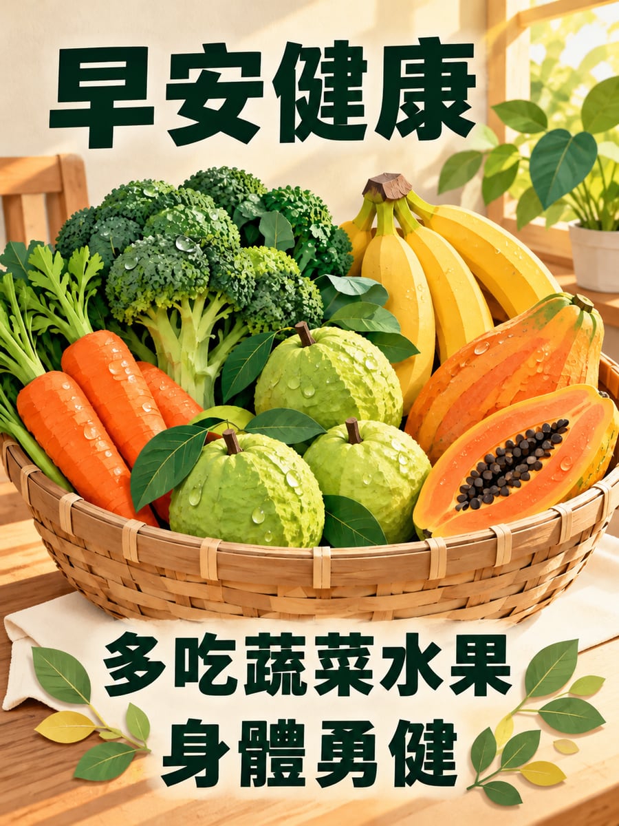 一籃蔬果。圖中文字：早安健康，多吃蔬菜水果，身體勇健