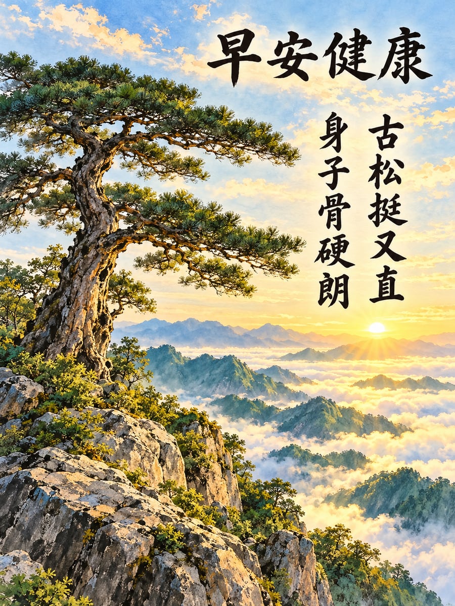 古松與雲海。圖中文字：早安健康，古松挺又直，身子骨硬朗
