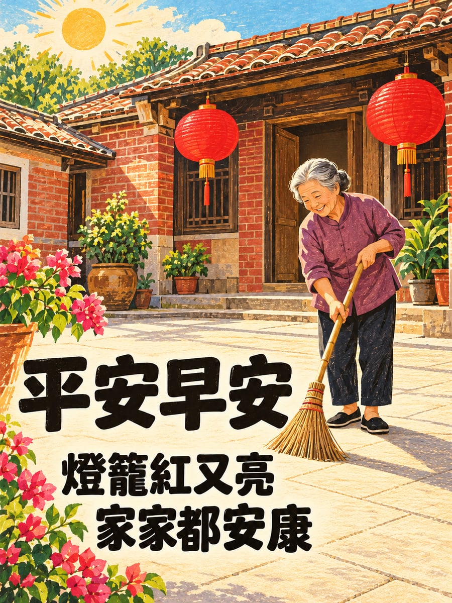 三合院的紅燈籠。圖中文字：平安早安，燈籠紅又亮，家家都安康
