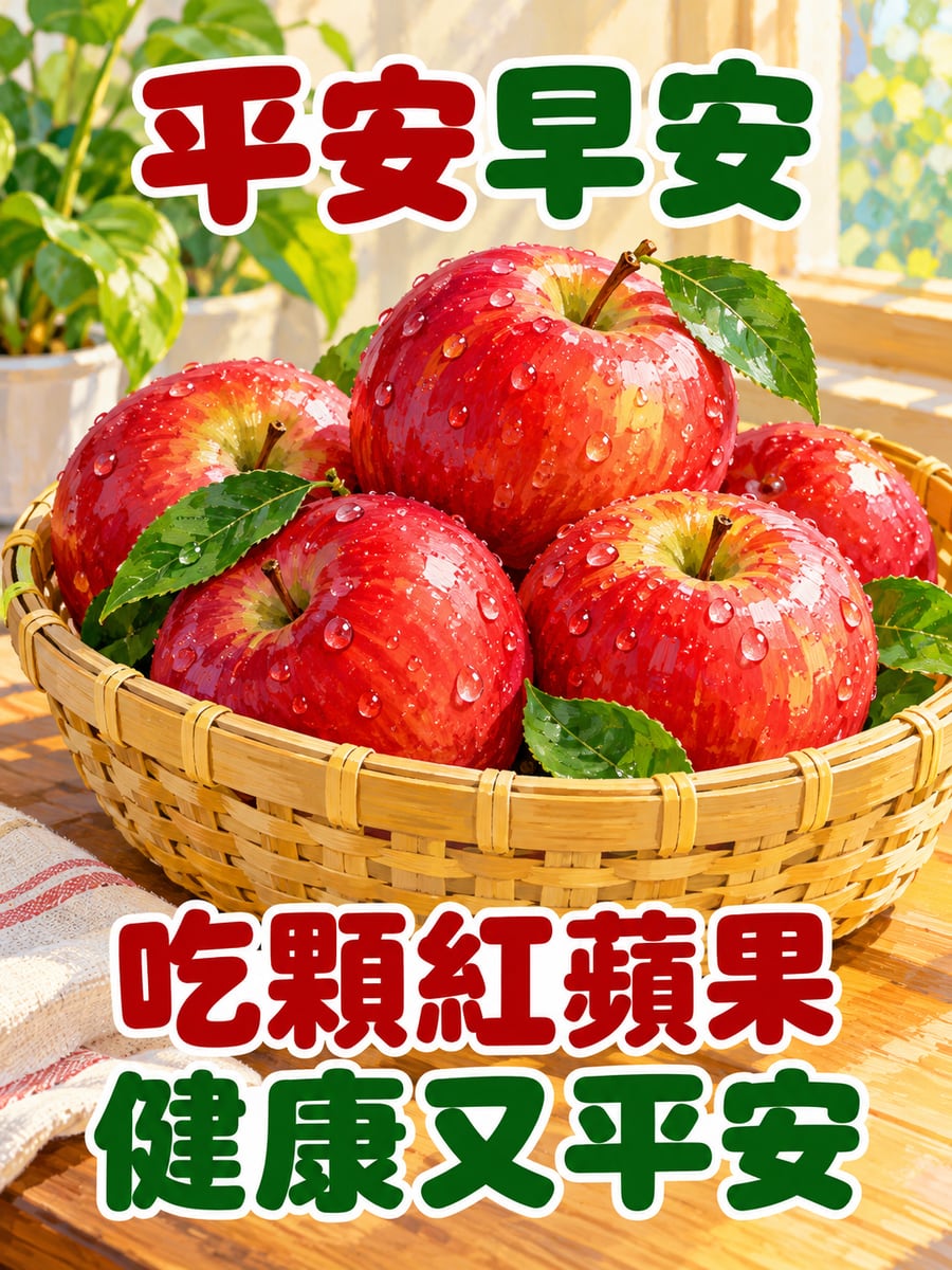 一籃紅蘋果。圖中文字：平安早安，吃顆紅蘋果，健康又平安