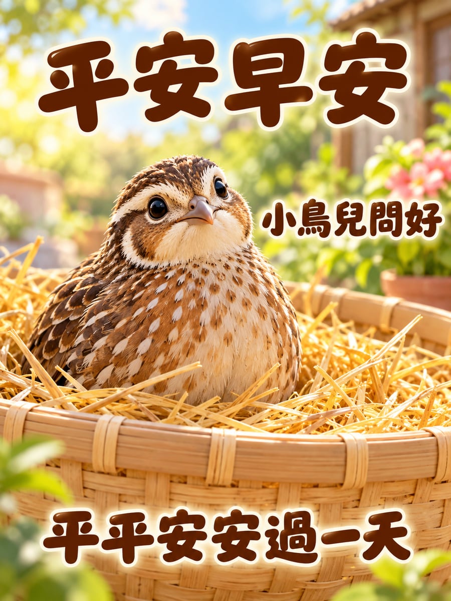 竹籃裡的鵪鶉。圖中文字：平安早安，小鳥兒問好，平平安安過一天