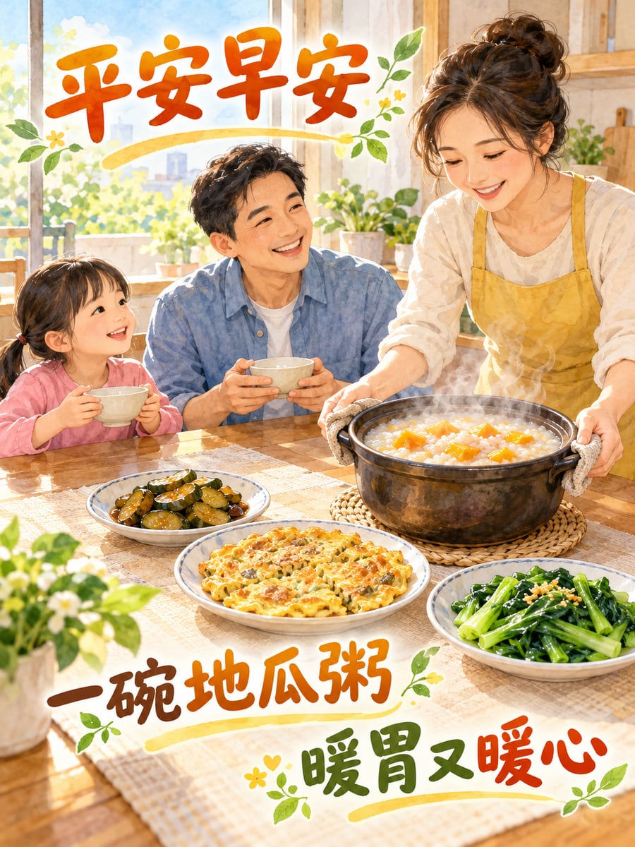 一碗地瓜粥。圖中文字：平安早安，一碗地瓜粥，暖胃又暖心