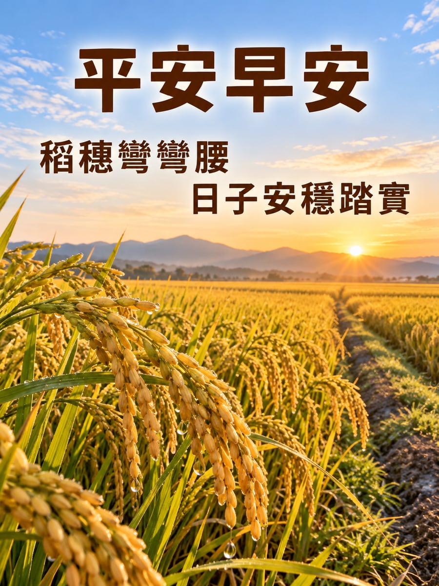 稻穗與朝陽。圖中文字：平安早安，稻穗彎彎腰，日子安穩踏實