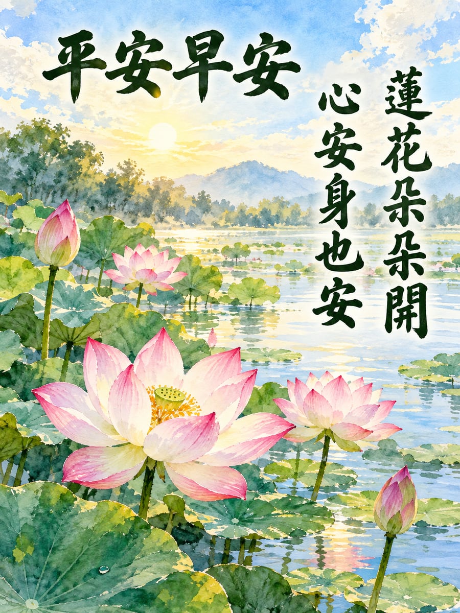 靜靜的蓮花池。圖中文字：平安早安，蓮花朵朵開，心安身也安