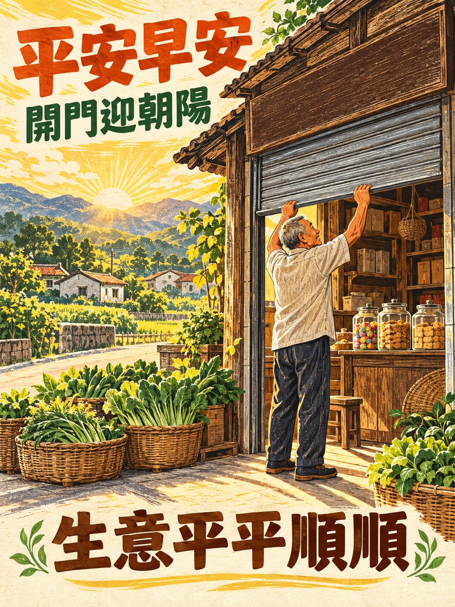 雜貨店開門。圖中文字：平安早安，開門迎朝陽，生意平平順順