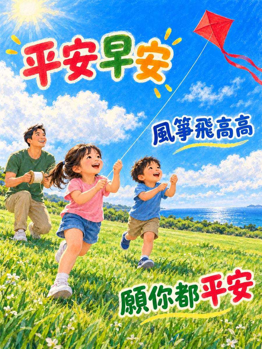 草地放風箏。圖中文字：平安早安，風箏飛高高，願你都平安