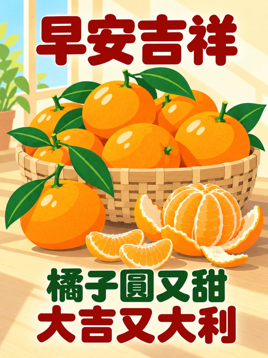 一籃大橘子。圖中文字：早安吉祥，橘子圓又甜，大吉又大利