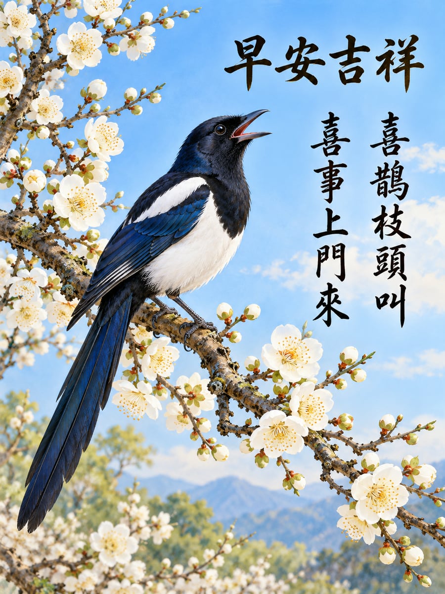 梅枝上的喜鵲。圖中文字：早安吉祥，喜鵲枝頭叫，喜事上門來