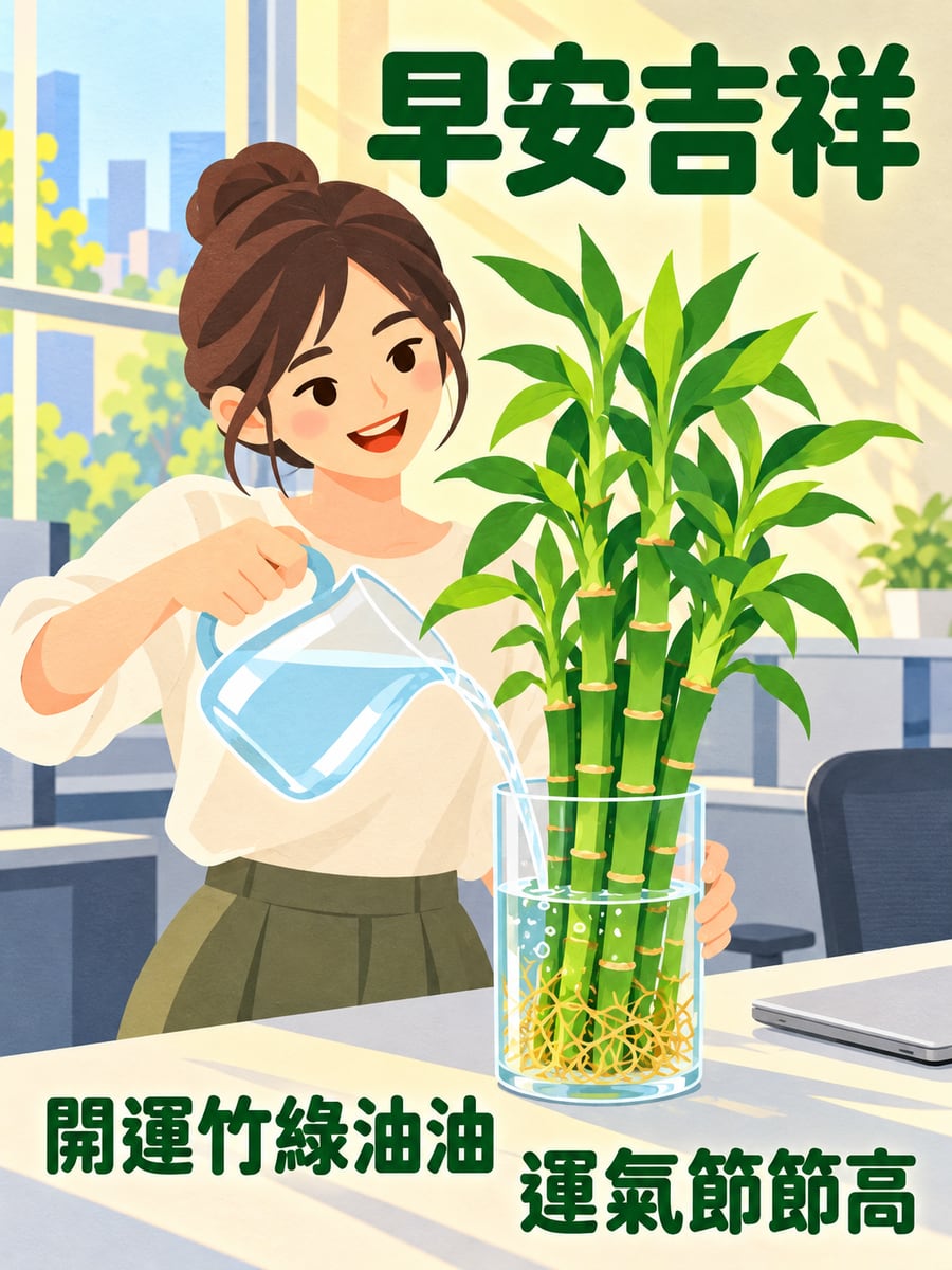 桌上的開運竹。圖中文字：早安吉祥，開運竹綠油油，運氣節節高
