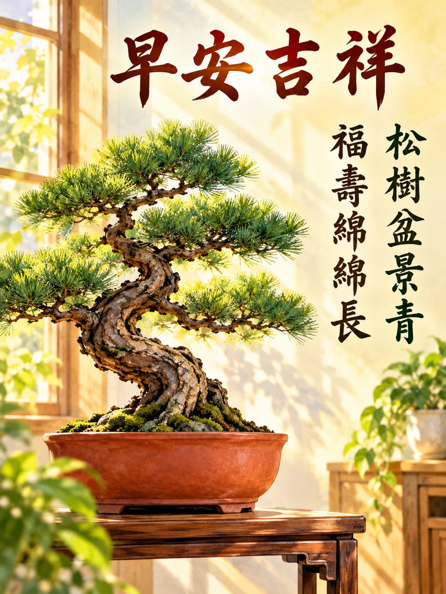 黑松盆景。圖中文字：早安吉祥，松樹盆景青，福壽綿綿長