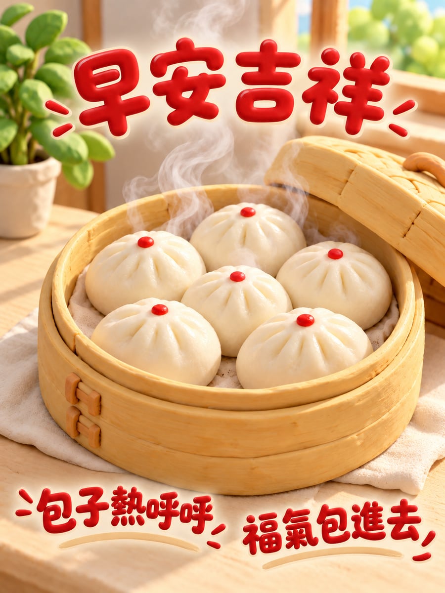 一籠小包子。圖中文字：早安吉祥，包子熱呼呼，福氣包進去