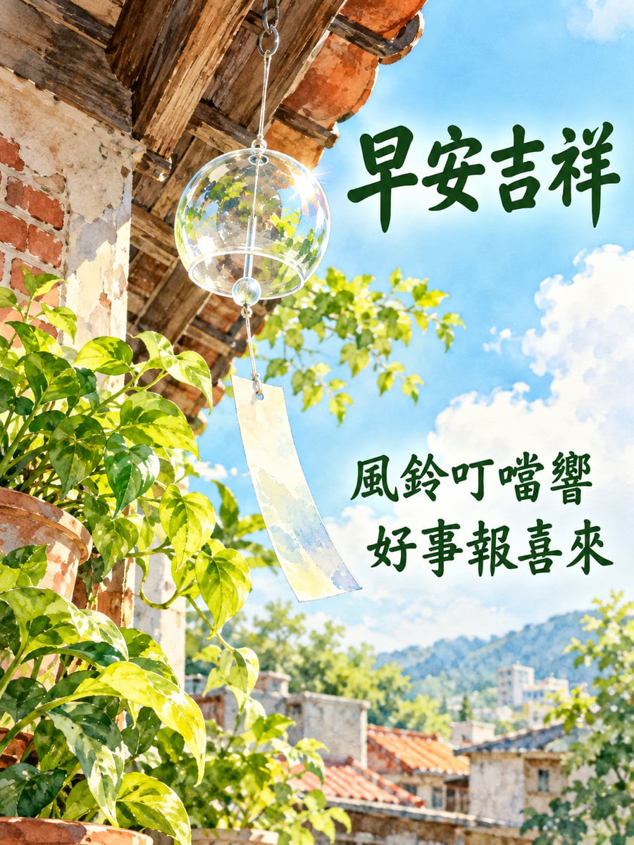 屋簷的風鈴。圖中文字：早安吉祥，風鈴叮噹響，好事報喜來