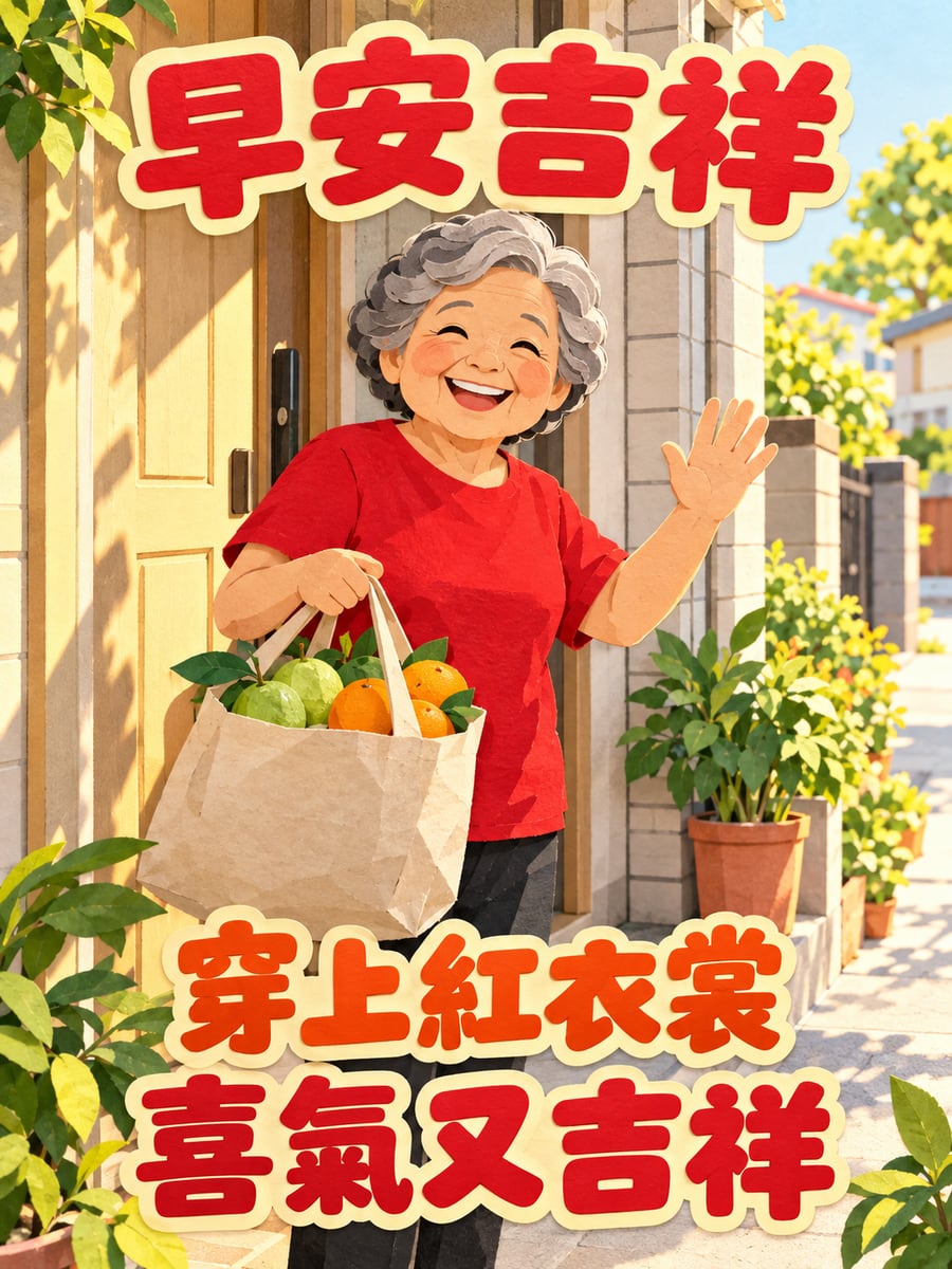阿嬤穿紅衣。圖中文字：早安吉祥，穿上紅衣裳，喜氣又吉祥