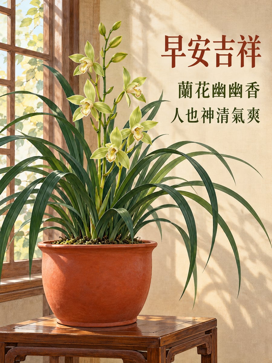 一盆國蘭。圖中文字：早安吉祥，蘭花幽幽香，人也神清氣爽