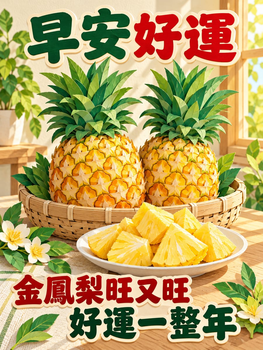 鳳梨旺旺來。圖中文字：早安好運，金鳳梨旺又旺，好運一整年