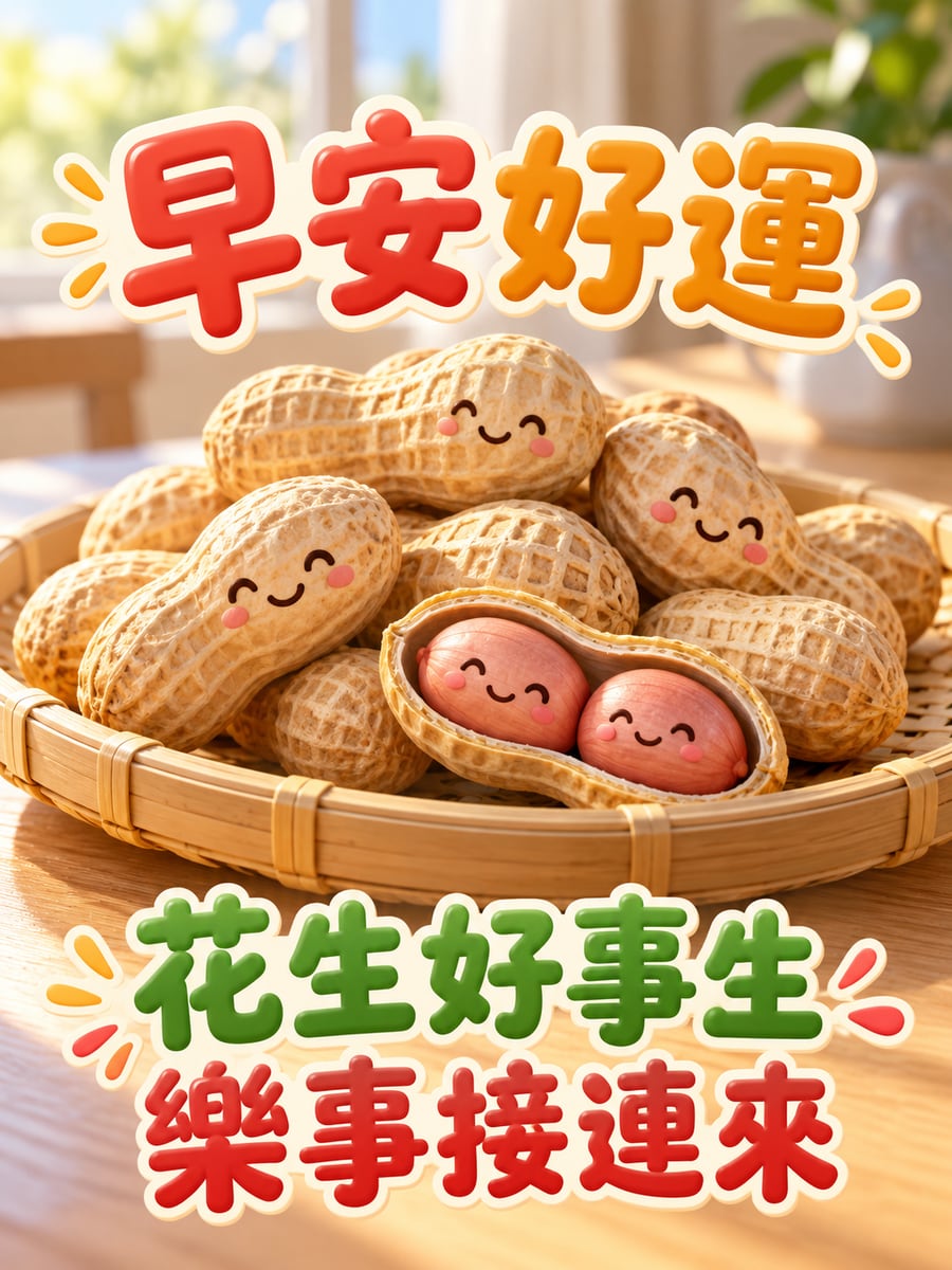 花生好事生。圖中文字：早安好運，花生好事生，樂事接連來