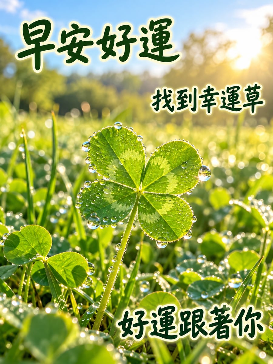 帶露的幸運草。圖中文字：早安好運，找到幸運草，好運跟著你