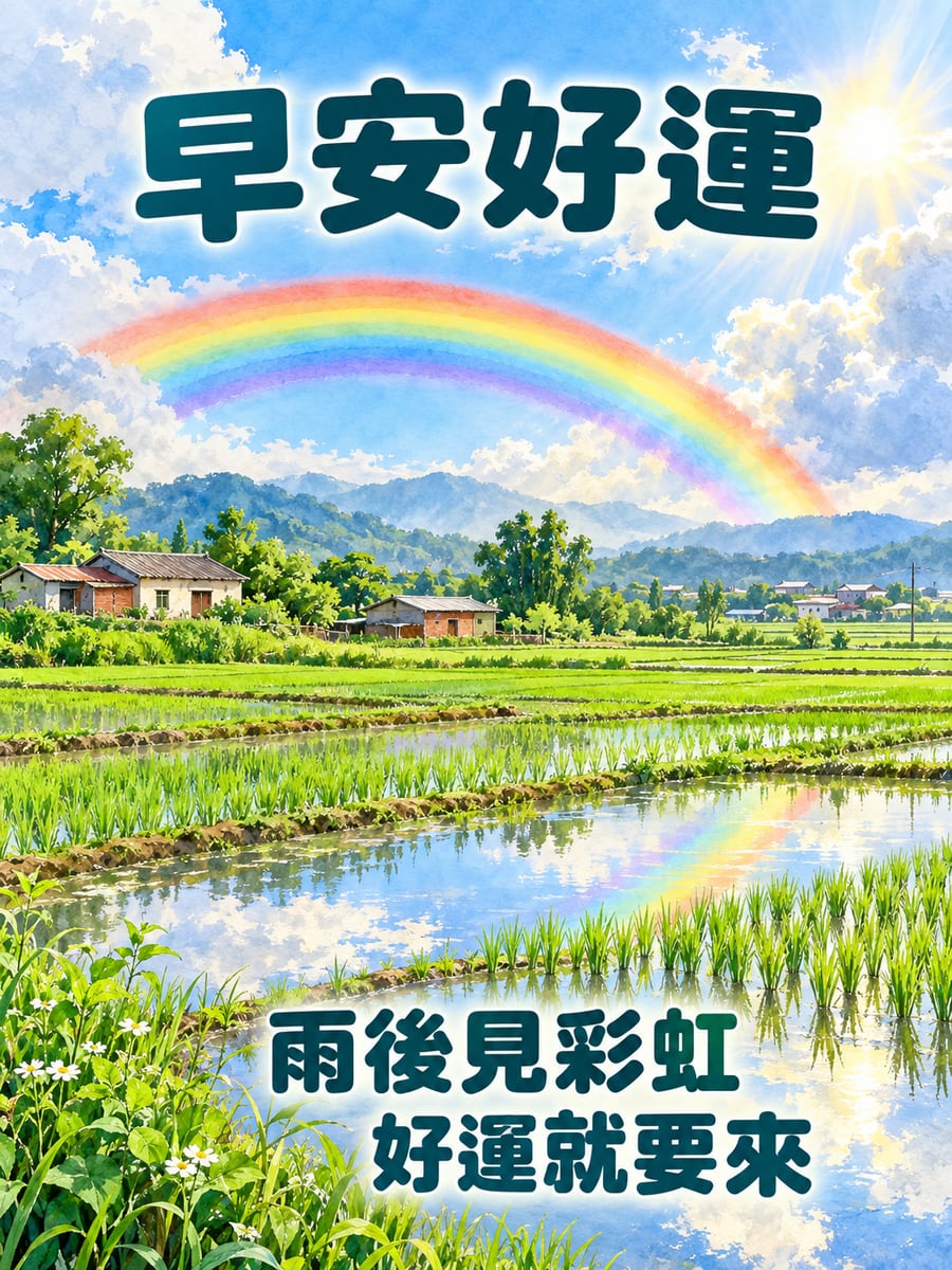 雨後彩虹。圖中文字：早安好運，雨後見彩虹，好運就要來