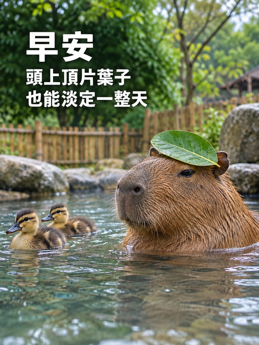 淡定水豚。圖中文字：早安，頭上頂片葉子，也能淡定一整天