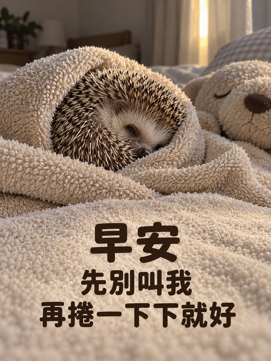 賴床刺蝟。圖中文字：早安，先別叫我，再捲一下下就好