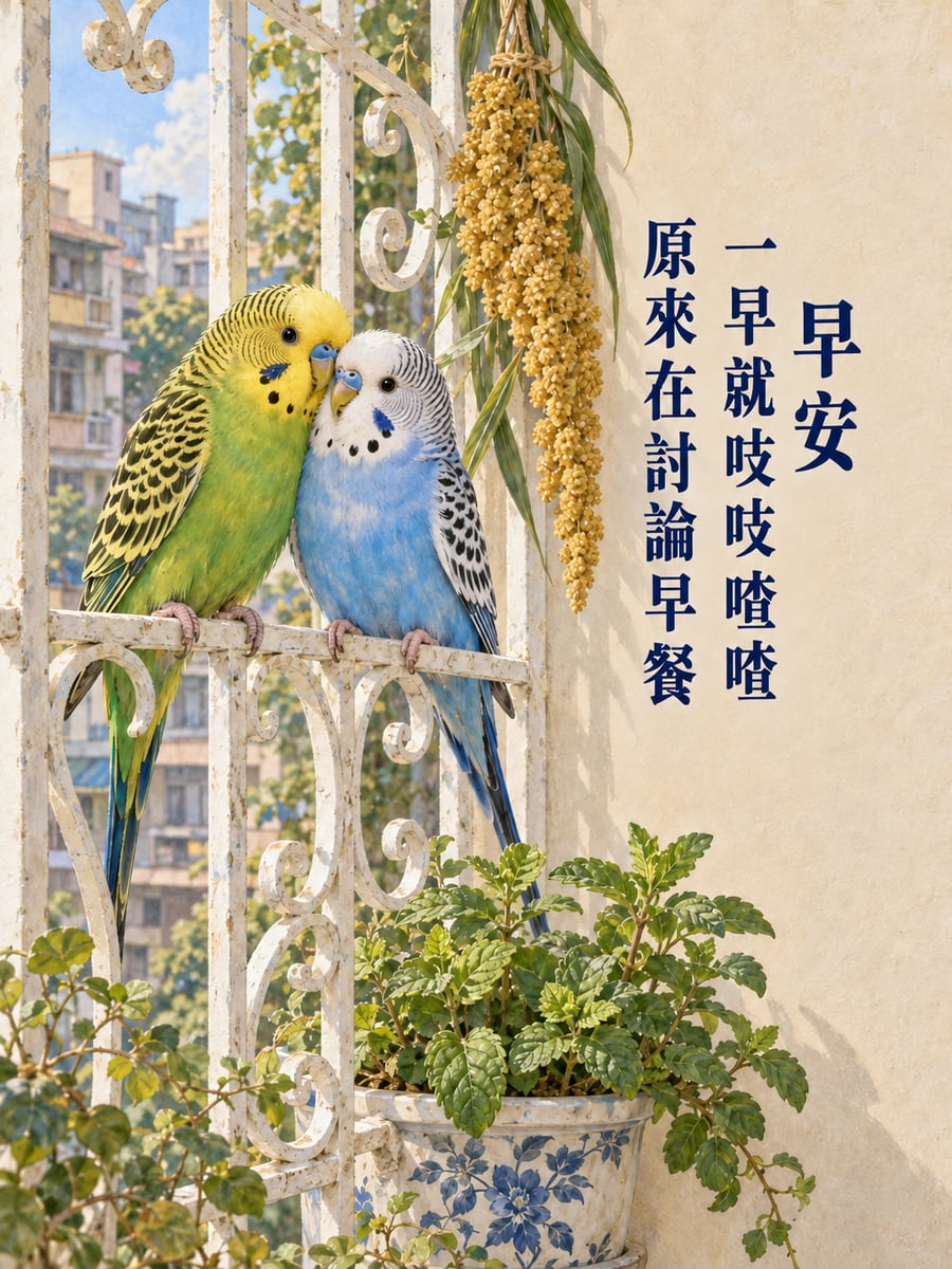 鸚鵡開會。圖中文字：早安，一早就吱吱喳喳，原來在討論早餐