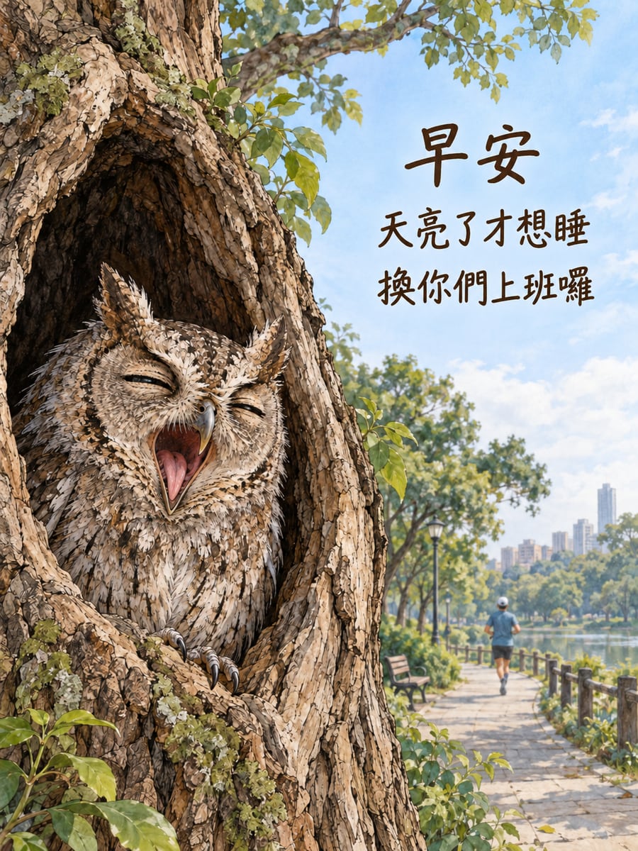 貓頭鷹換班。圖中文字：早安，天亮了才想睡，換你們上班囉